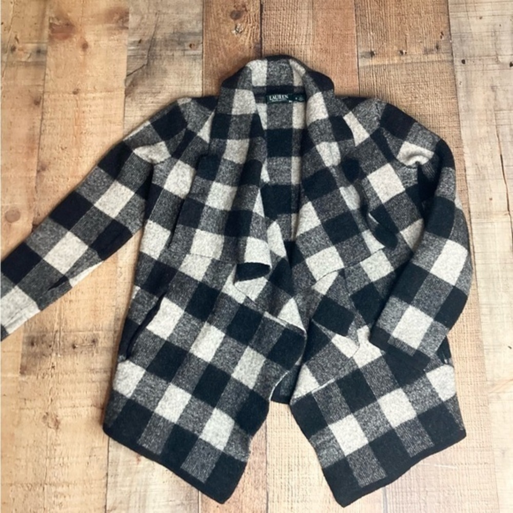 Lauren Ralph Lauren 100% Wool Buffalo Plaid Cardigan‎ Sweater Grey Black Small